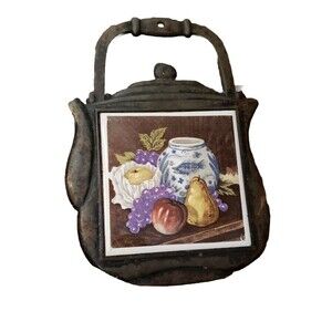 Vintage Cast Iron & Tile Trivet Cherry Made in Japan Teapot Fruit Still Life